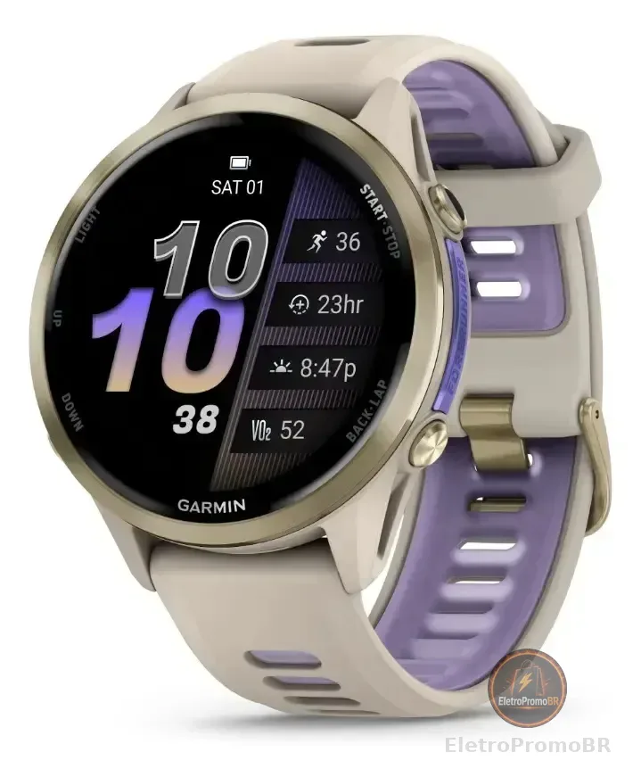 Smartwatch Garmin Forerunner 970 com Monitor Cardíaco de Pulso e GPS Titânio Dourado Suave com Pulseira Cinza Francês Translúcida Índigo