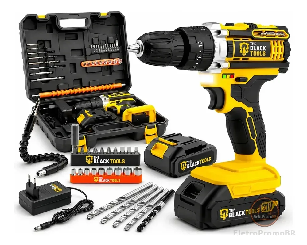 Parafusadeira Furadeira De Impacto The Black Tools Profissional TB-21PX 2 Baterias Com Maleta 60Hz Amarelo