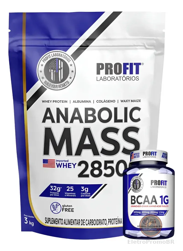 Kit Anabolic Mass C/ Whey 28500 + Bcaa 1g Profit Aminoácidos Doce De Leite 3kg | Bcaa 1g 60 Tabletes