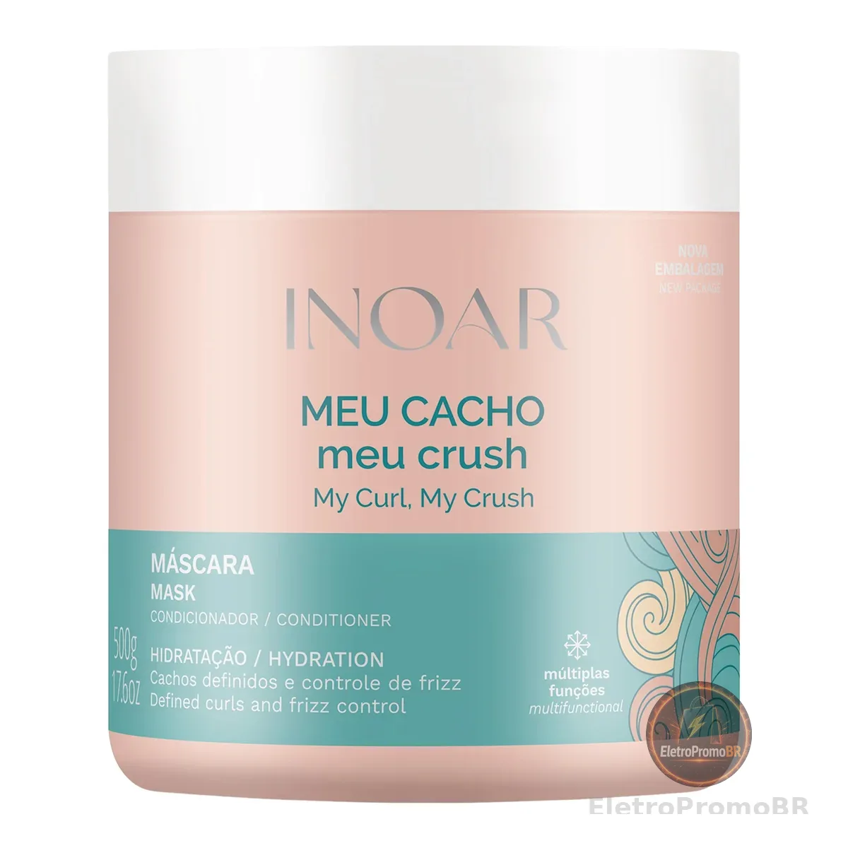Inoar, Máscara Capilar Meu Cacho Meu Crush – Hidratação, Brilho e Definição com Colágeno Vegetal e Vitamina E - 500ml