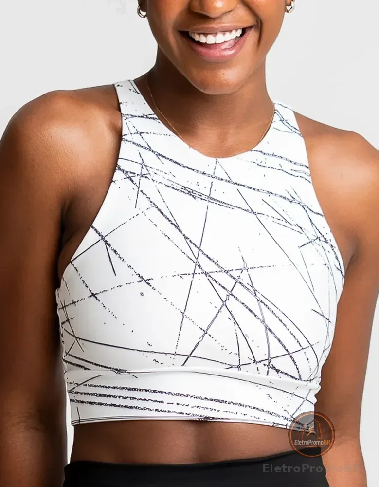 Top Cropped Alta Sustentação Com Bojos Para Corrida Academia Black-white Liso M
