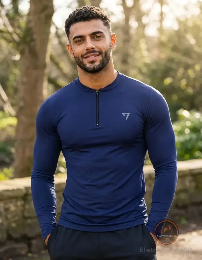 Camisa Térmica Masculina Segunda Pele Manga Longa Com Zíper Azul-marinho M