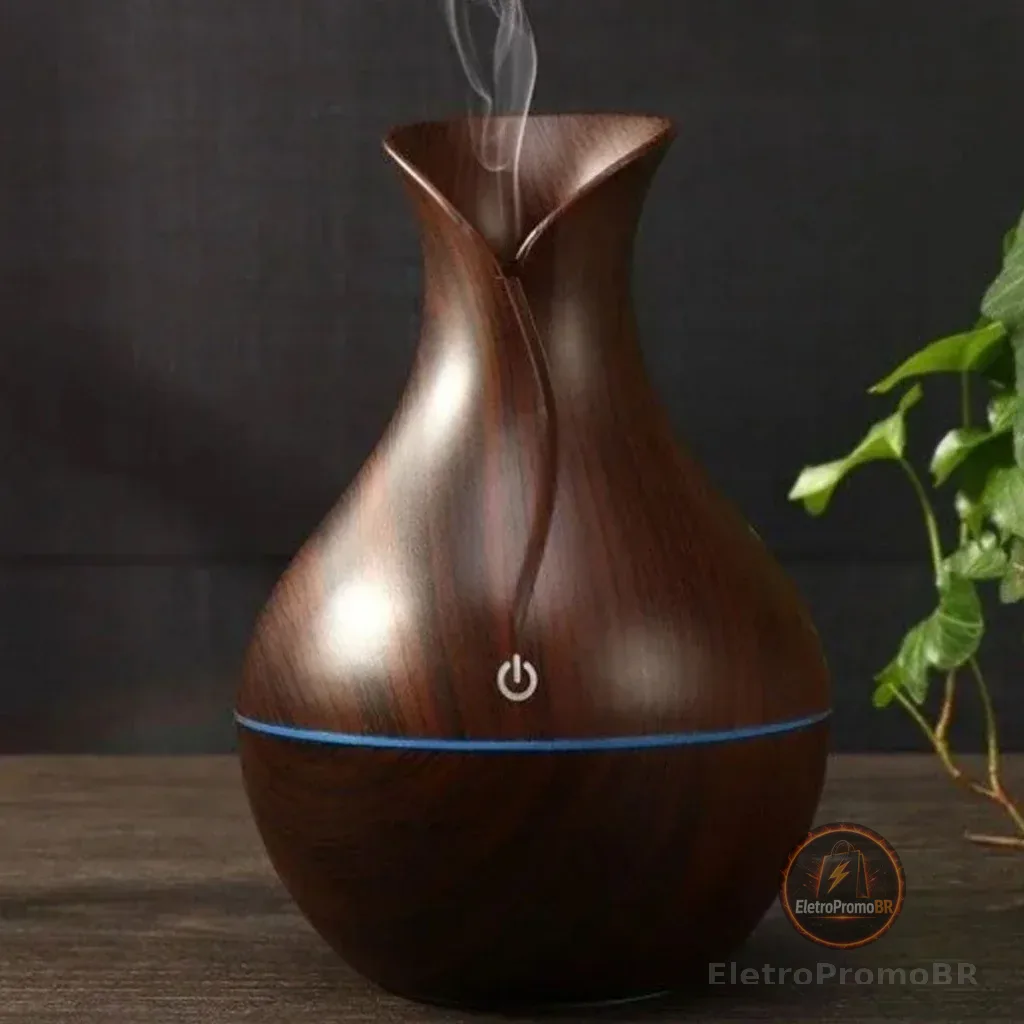 Umidificador Design de Vaso Aromatizador Silencioso textura de Madeira Recarregável com LED JORGE