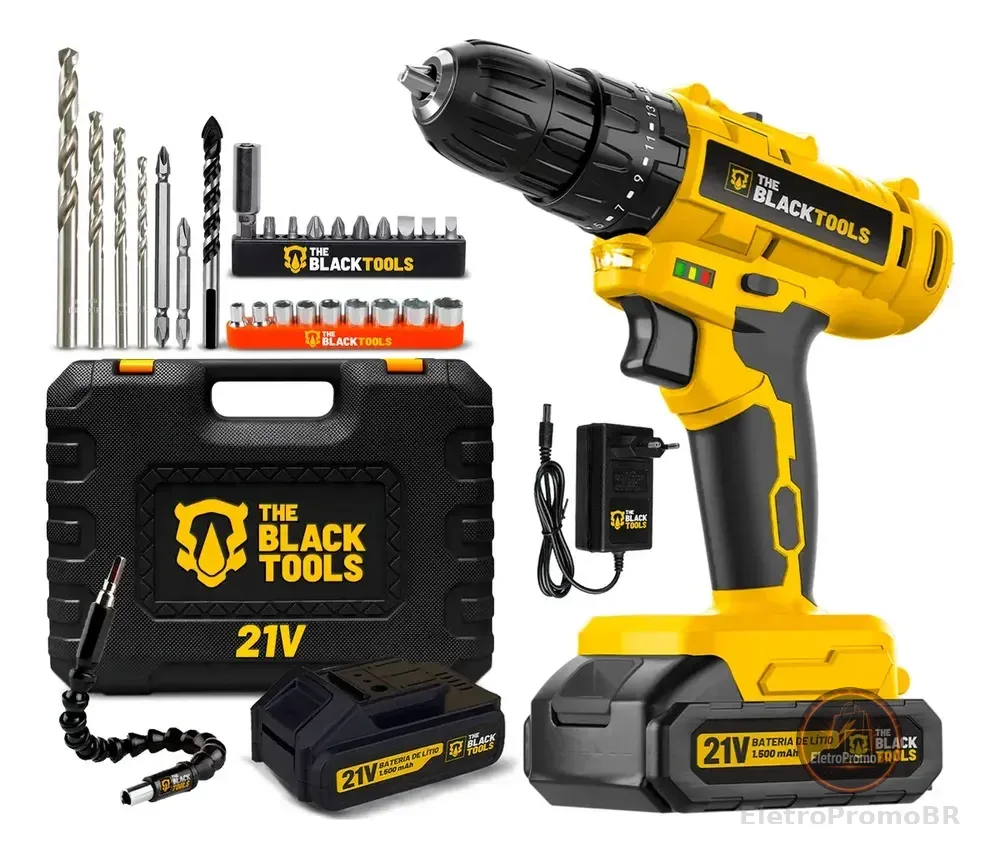Parafusadeira Furadeira De Impacto A Bateria 21V 3/8” Bivolt 1400 Rpm Com Acessórios E Maleta TB-21PZW The Black Tools