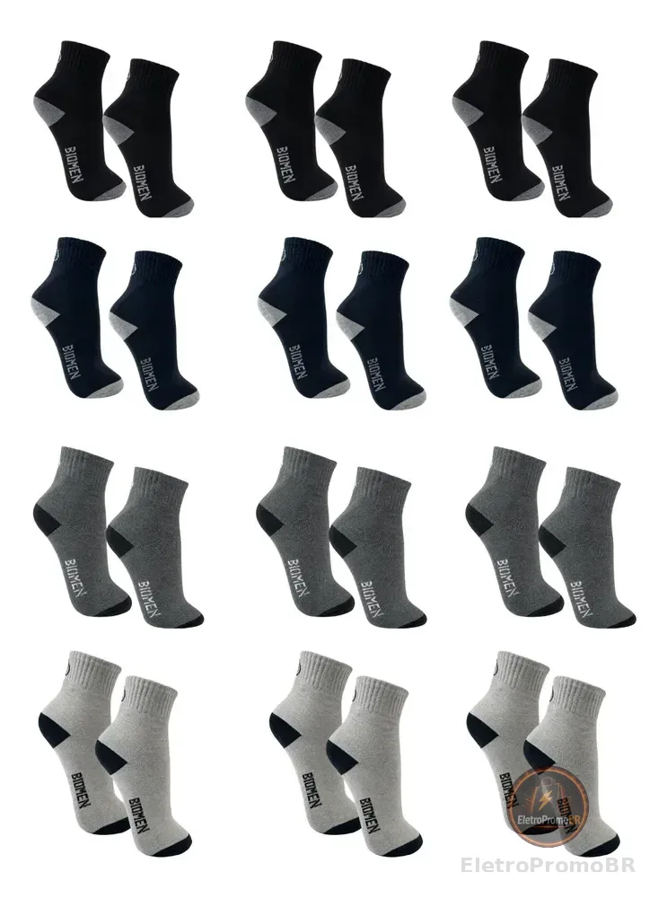 Kit 12 Pares Meia Masculina Cano Alto Longo Conforto Macia Preto/cinza/azul-marinho/cinza-escuro Liso 37 - 43