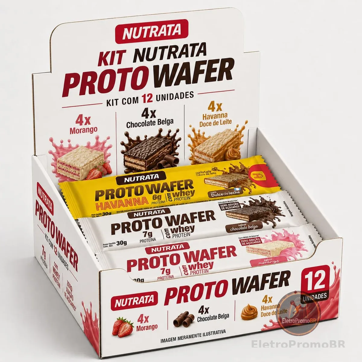Kit Barras de Proteína Nutrata Proto Wafer 30g, 12 Unidades — 4 Morango + 4 Chocolate Belga + 4 Havanna Doce de Leite