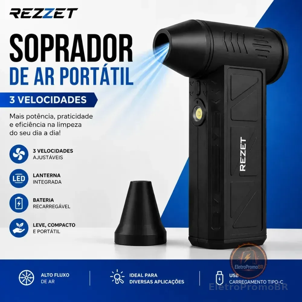 Soprador De Ar Mini Turbo Portátil Usb Sem Fio Recarregável Para Limpeza Com 2 Bicos E Inflar Preto 127/220v