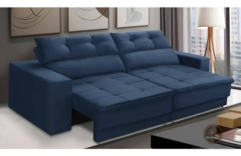 Sofá Retrátil e Reclinável 3 Lugares 1,90m com Molas Emily Suede Azul Adonai Estofados