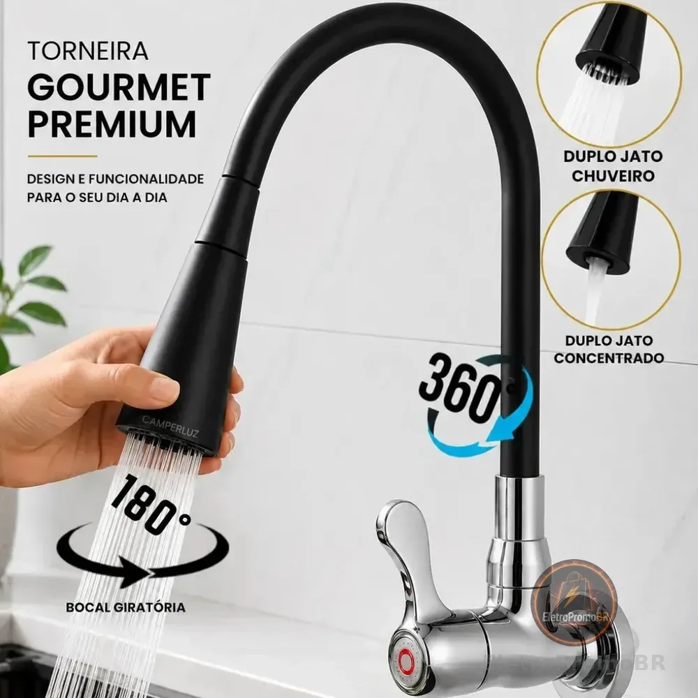 Torneira Gourmet Luxo Flexível Cozinha Parede 2 Jatos Pia Metal Cor Aço Inox e Preto- Marca Camperluz