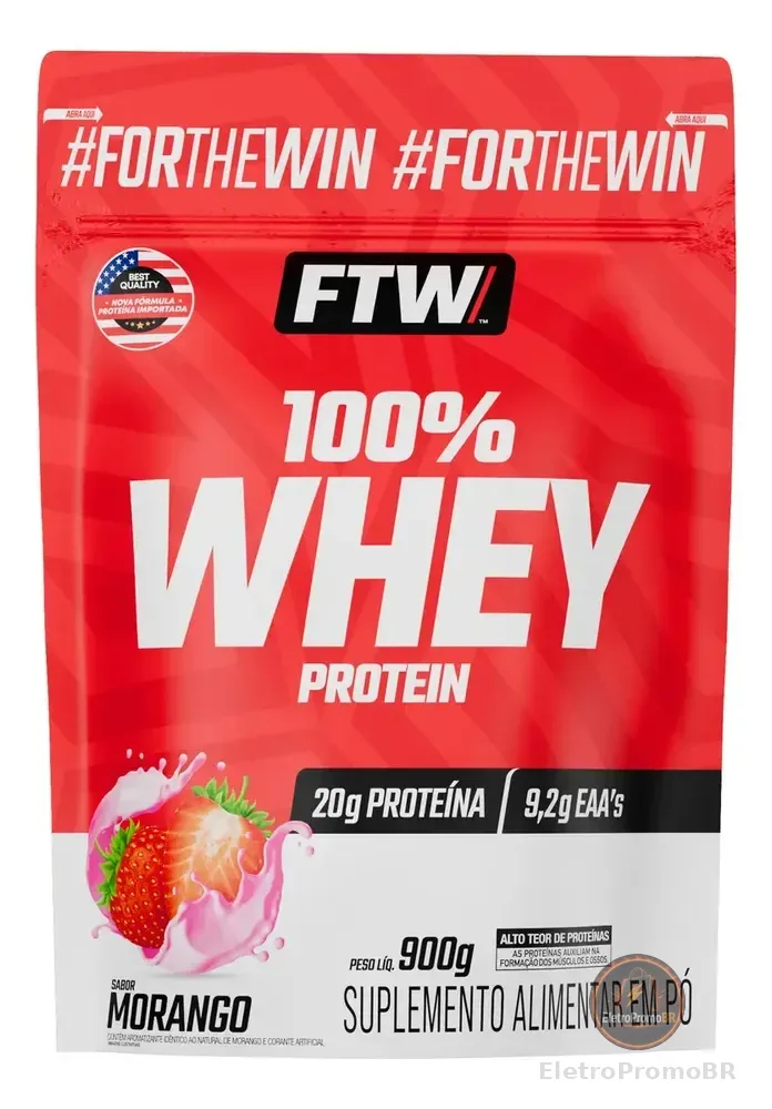Whey Protein 100% Concentrado Refil 900g Sabor Morango - FTW