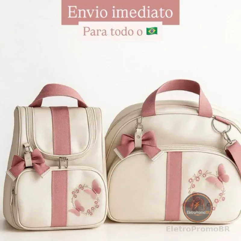Bolsa Maternidade Luxo kit Bordado 2 Peças Menino / Menina BORBOLETAS 3D / SAFARI Mamãe e bebê