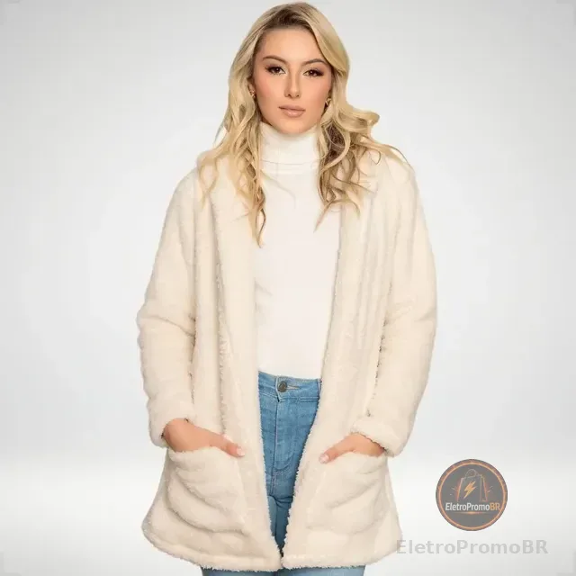 Blusa Teddy Feminino Casaco Sobretudo Inverno Bolsos Capuz