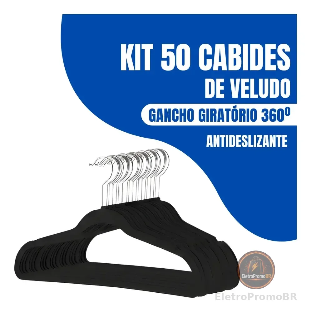 Kit 50 Cabides Adulto De Veludo Antideslizante Slim Com Gancho Giratório 360° Cor Preto