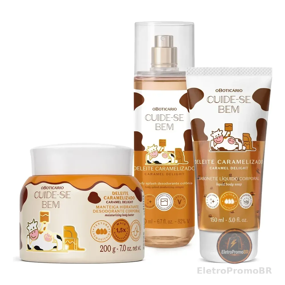 Combo Cuide-se Bem Deleite Caramelizado: Manteiga Corporal 200g + Body Splash 200ml + Sabonete Líquido 150ml