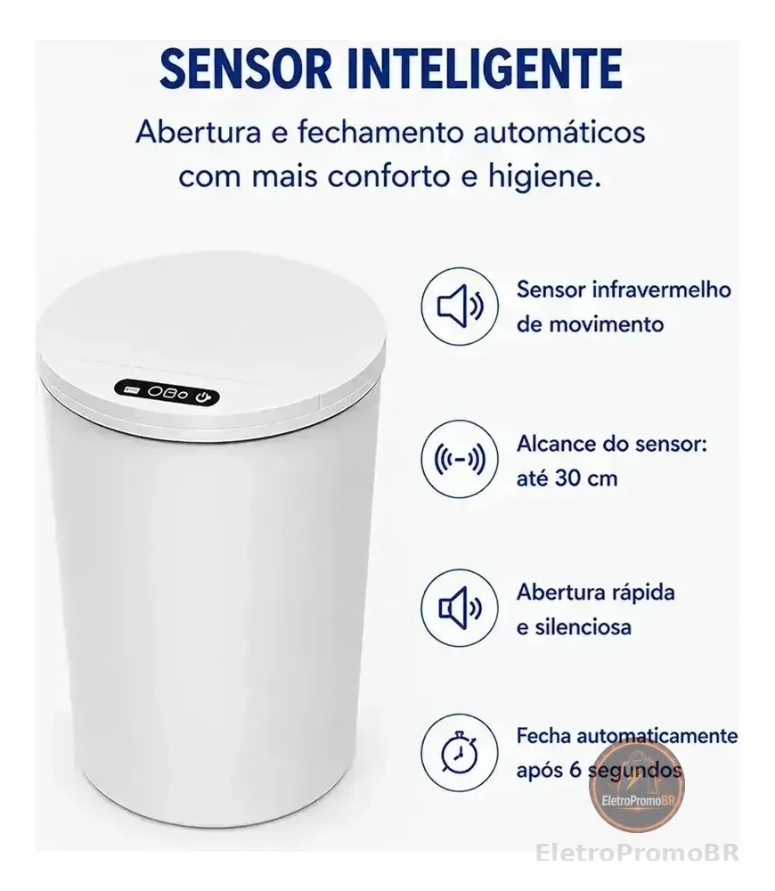 Lixeira Inteligente com Sensor 16L Cor Branco Durável e Moderna para Residencial e Comercial
