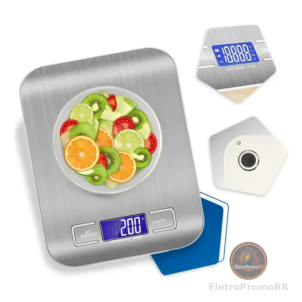Balança Digital Cozinha Fitness Inox 10kg Alimentos Visor Grande Alta Precisão Pesar Dieta Portátil Prateada Pilha Nixzen 10 Kg