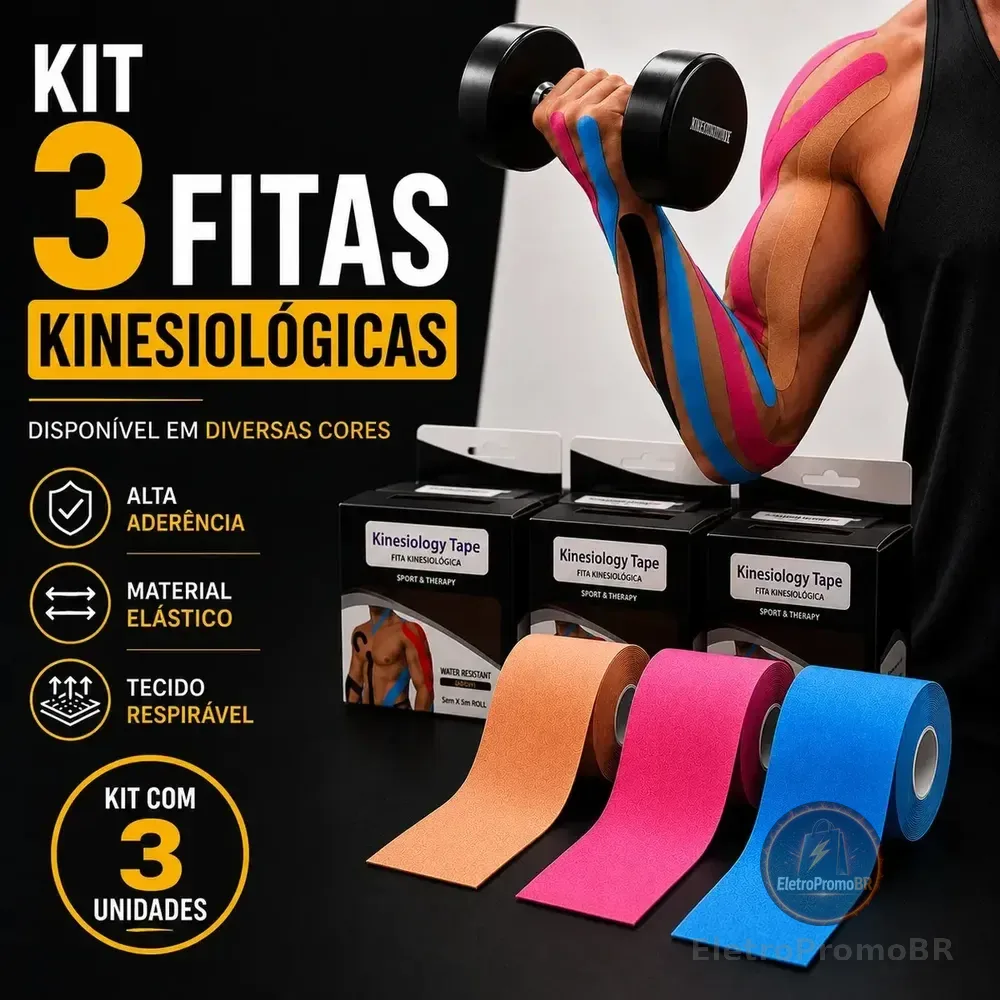 Kit 3 Fitas Kinesio Brisa.Ecom Kinesiology Taping Fita Cinesiológica Adesiva 5 Metros Por 5 Centímetros Tape Bandagem Elástica Articular Esportivas Corrida Academia Muscular Fisioterapia