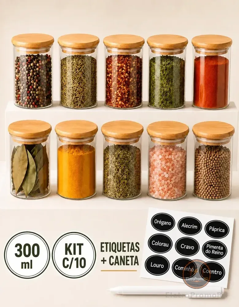 Porta-temperos Ame Cozinha Porta Temperos Bambu marrom om capacidade para 10 unidades, inclui 10 potes