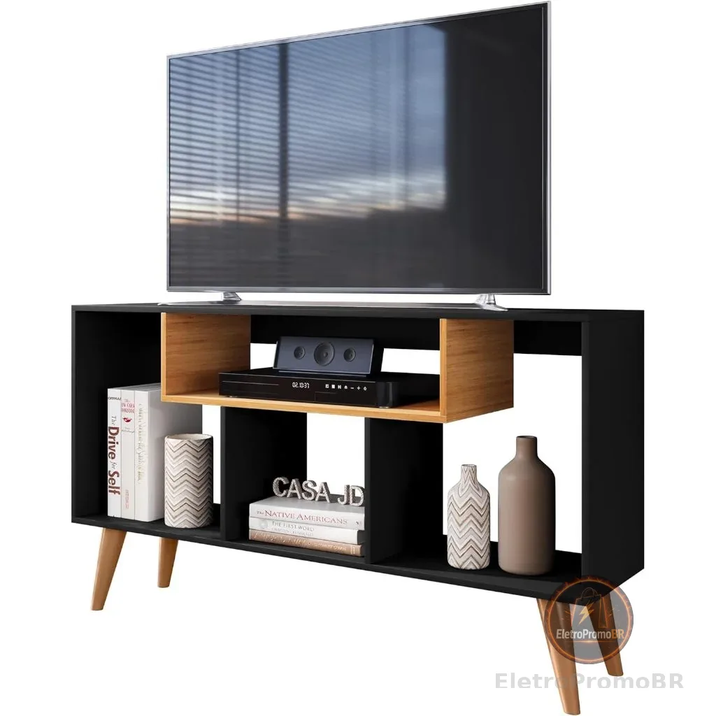 Rack Bancada JD Tv 43 Pol. Sala Com Pes Retro 3 Nichos Moderno - Várias Cores