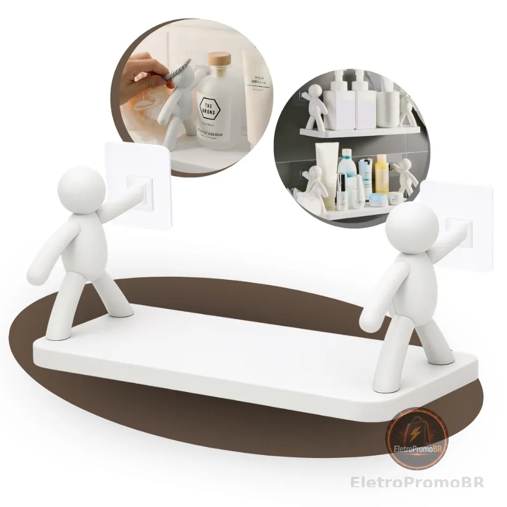 Prateleira Estante Bonequinho plástico com suporte decorativa banheiro cozinha C/ Adesivo