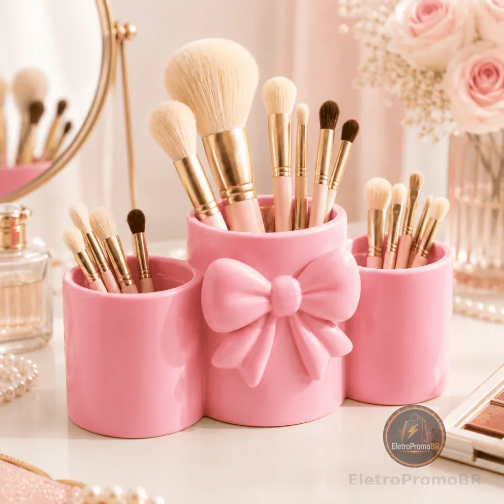Porta Pincéis Maquiagem Organizador Mesa Porta Canetas Laço Elegante