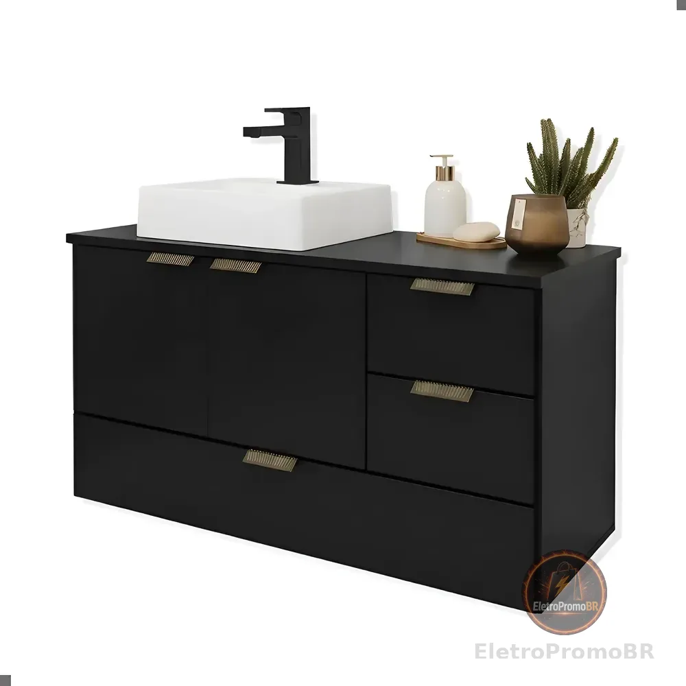 Armário Para Banheiro Lavabo Suspenso Organizador Com Cuba Preto Branca Um Furo