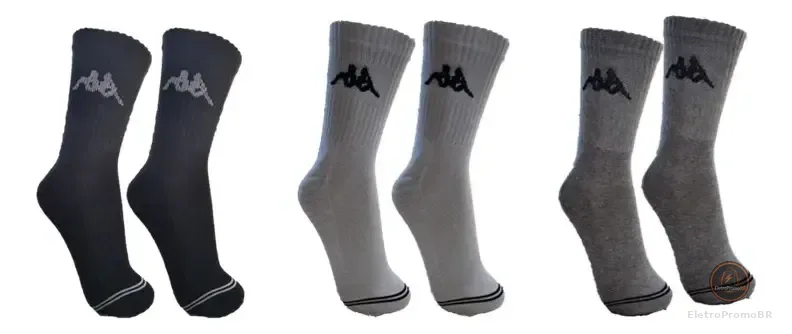 Kit 3 Pares Meia Kappa Cano Médio Esportiva Algodão Original 1x Preto 1x Branco 1x Mescla 38-43
