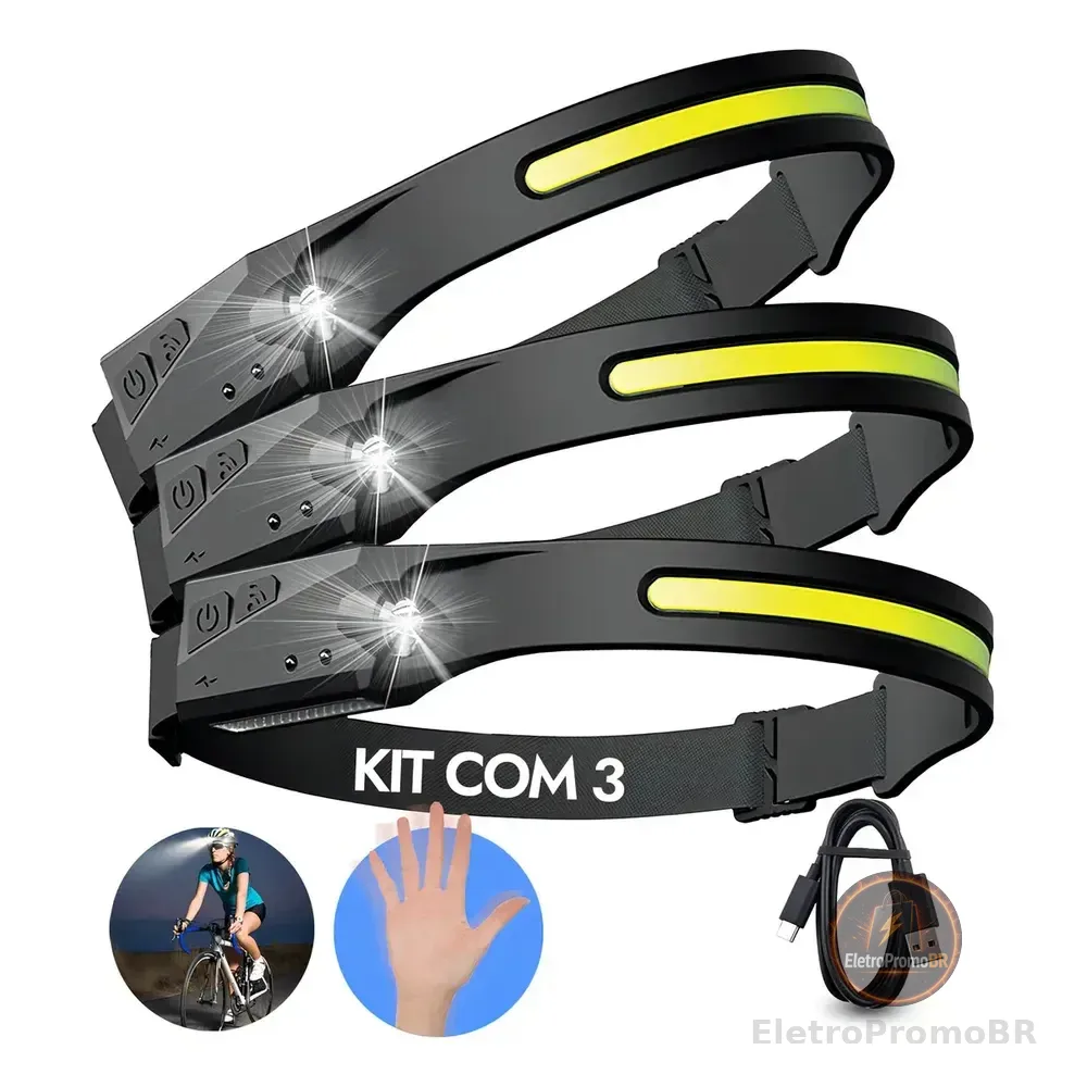 Kit 3 Lanterna De Cabeça Led Super Forte Resistente Água Recarregável Yellow Seller Branco Preto