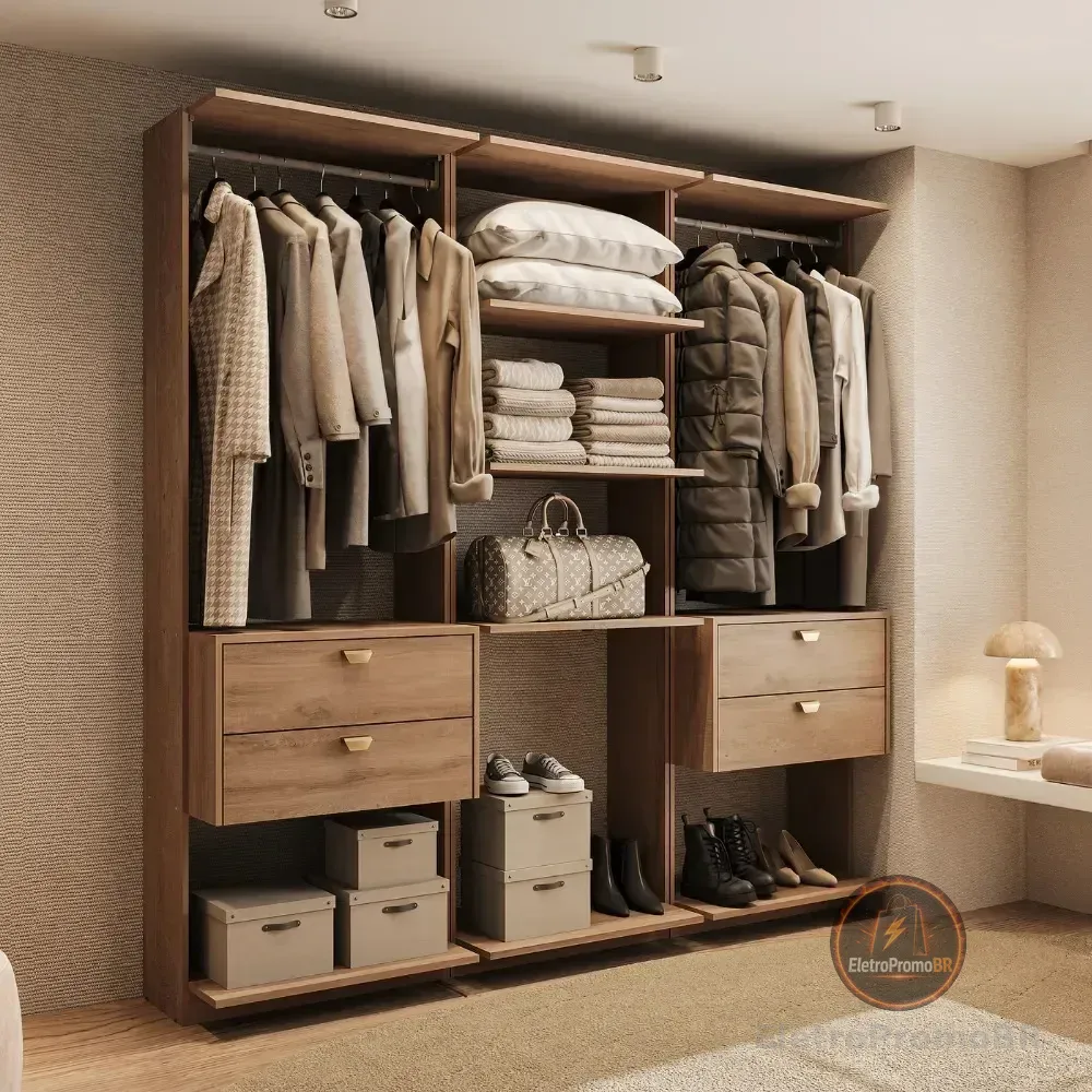 Guarda-roupas Closet Modulado Alasca 180cm 3 Peças Com 4 Gavetas Laterais E Cabideiros Freijó Carraro