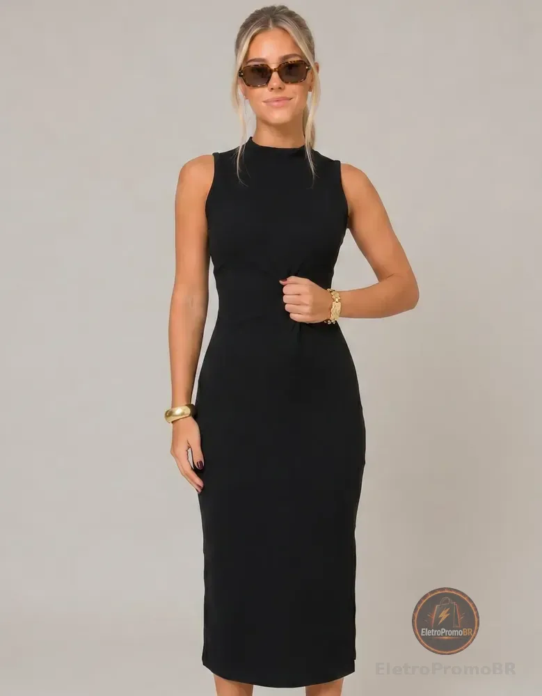 Vestido Midi Canelado Casual Básico Modelador Regata Casual Preto Gg (44-46)