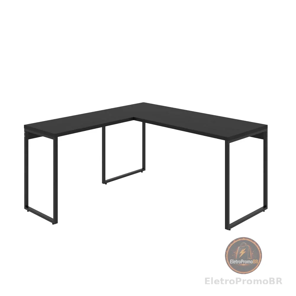 Mesa de Escritório em L Estilo Industrial 1,50mX1,50m Kuadra, Compace, Preto Ônix/Est.Preta