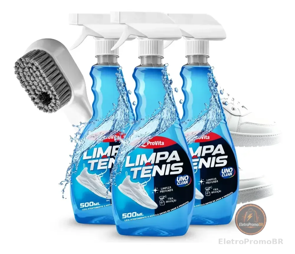 3 Limpa Tênis Spray Provita 500ml + Escova Limpeza Profunda Azul