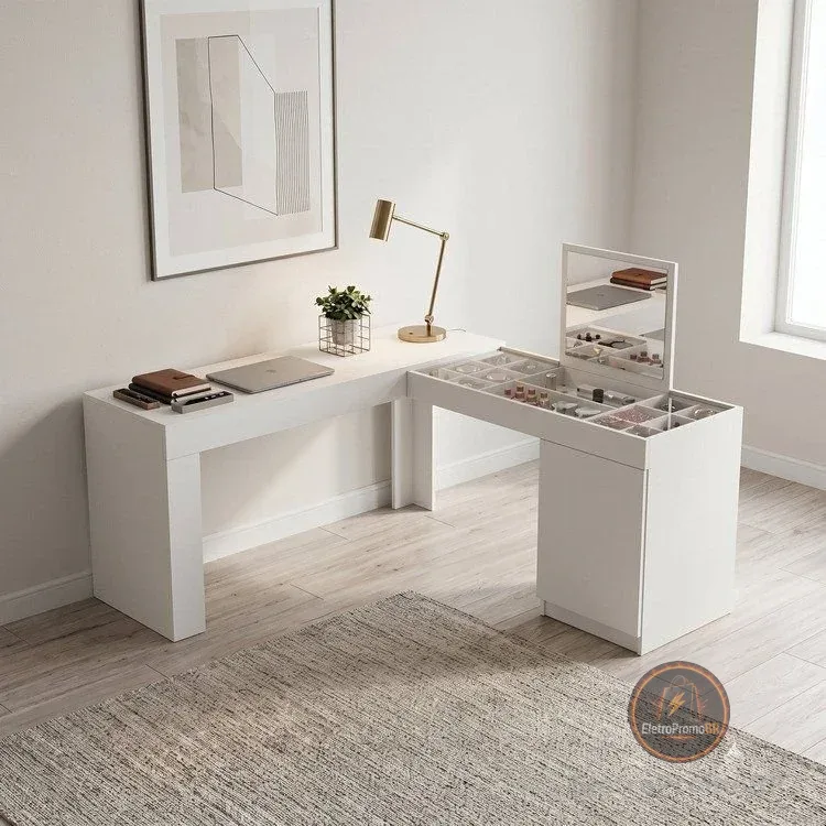 Escrivaninha Mesa Escritório Penteadeira de Canto com Espelho Star 1 Porta 136cm Branca Branco