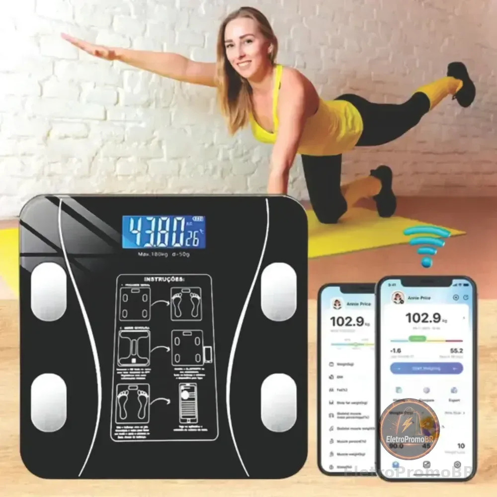 Balança Digital Inteligente Correia Ecom Bioimpedância Bluetooth Preto 140kg