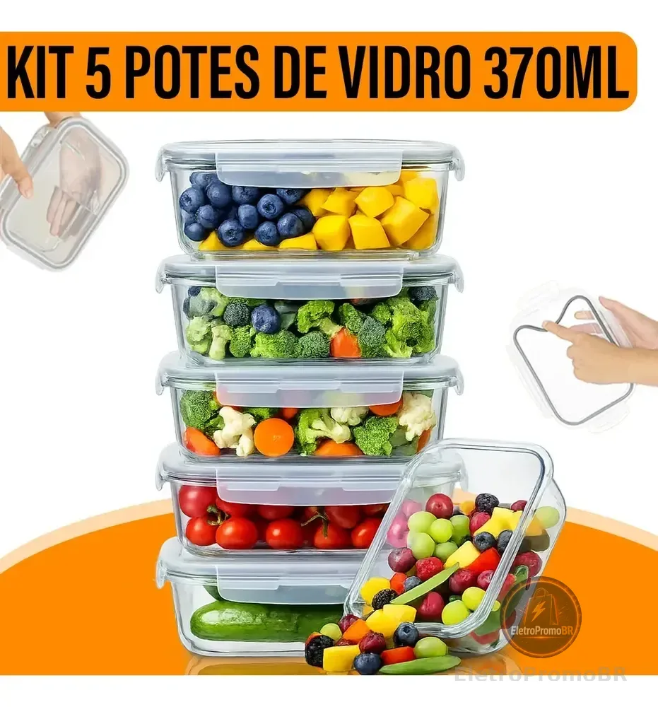 Kit 5 Potes Herméticos de Vidro Borossilicato Yab 370ml Retangular com Tampa Branca
