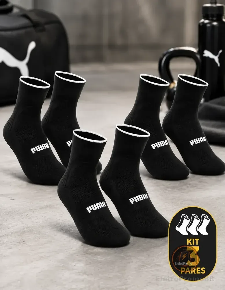 Kit 3 Pares Meia Puma Poliamida Esportiva Corrida Dry Fit Preto M (34-39)
