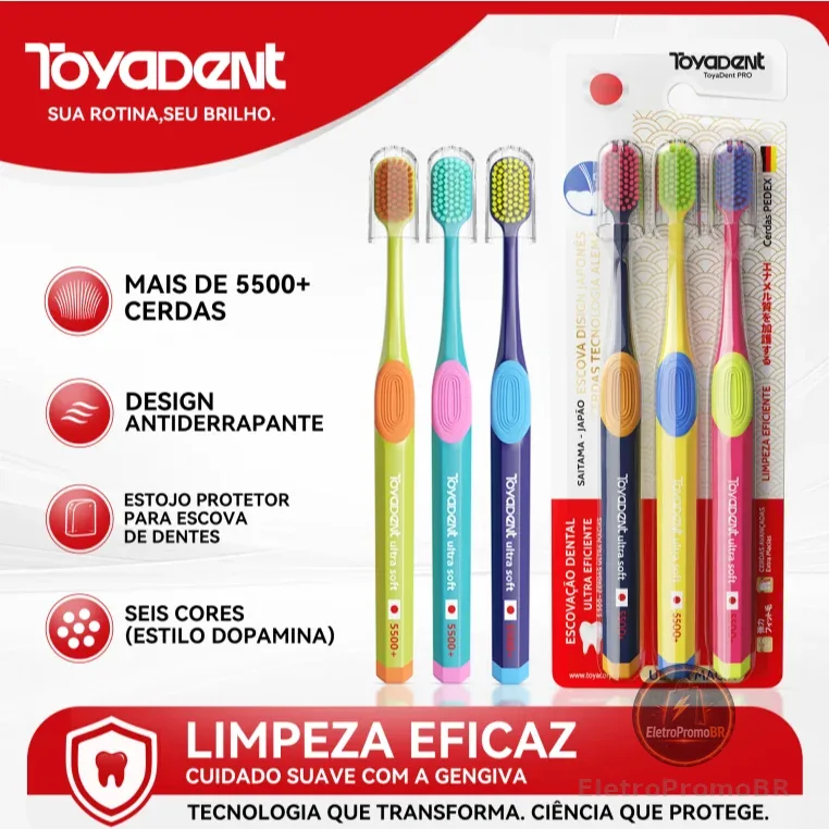 ToyaDent Escova de Dente,Cerdas Macias,Kit 3 Unidades+Capa Protetora,Design ergonômico