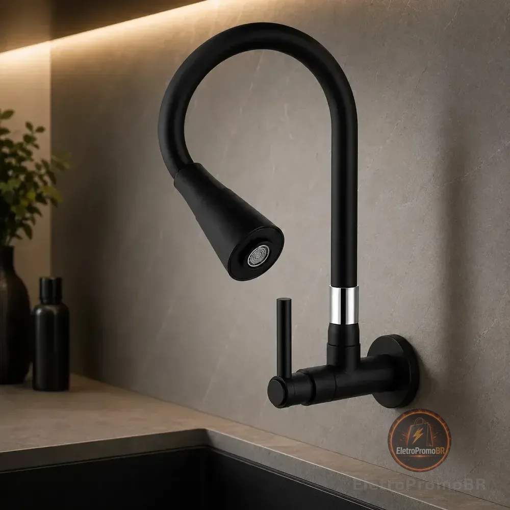 Torneira Gourmet Parede Cozinha Preta Flexível 2 Jatos Chuveirinho Cone 1/4 Volta Luxo Premium Silicone Cone Mais Vendida Preto Fosco