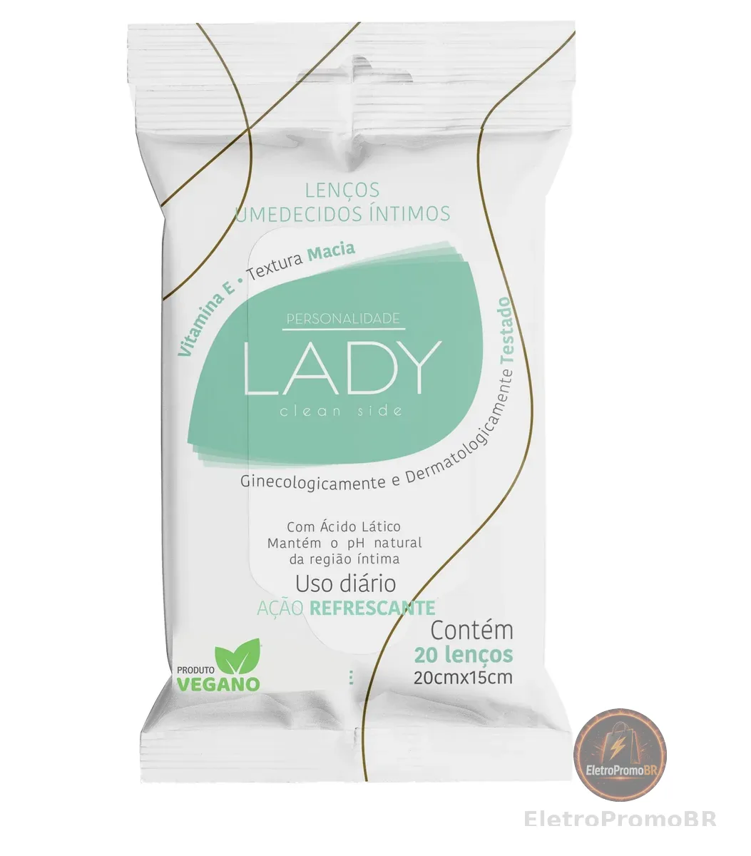 Lenço Umedecido Íntimo Personalidade Lady Clean Side Vitamina E com Ácido Lático 20 unidades 20cm X 15cm