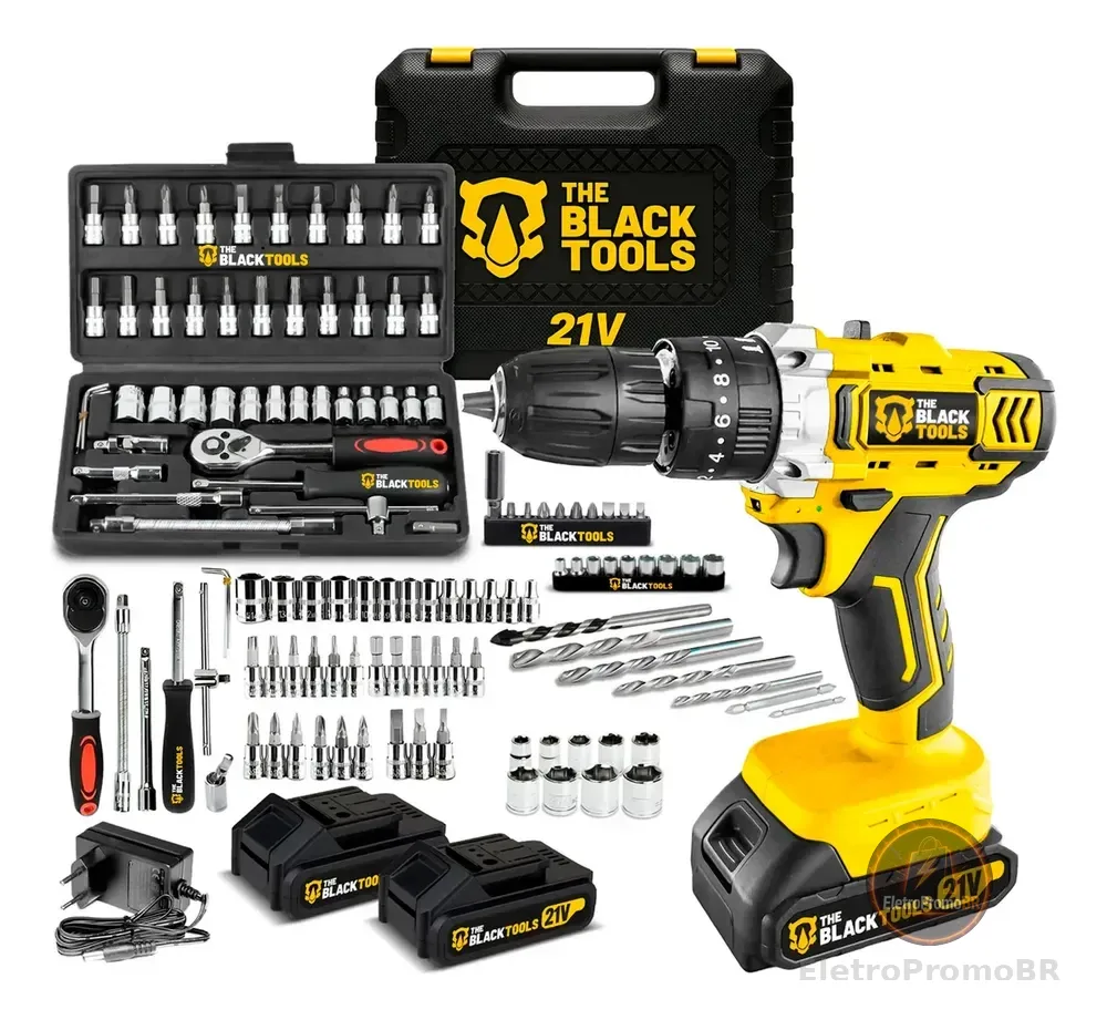 Furadeira Parafusadeira De Impacto 2 Baterias 21v + 46 Peças Amarelo 110v/220v 60hz