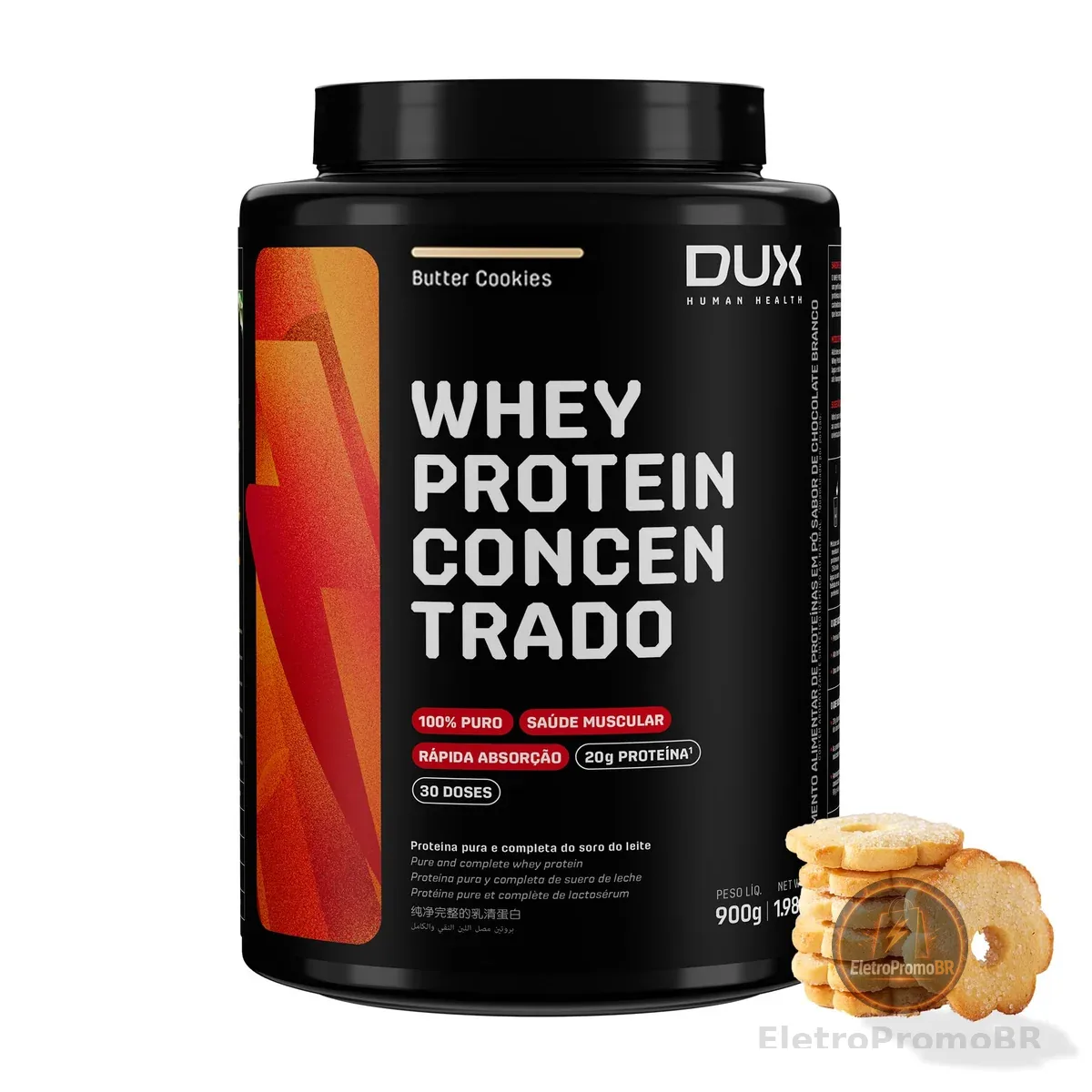 DUX HUMAN HEALTH Whey Protein Concentrado 900g Butter Cookies – Versátil para Receitas e Shakes