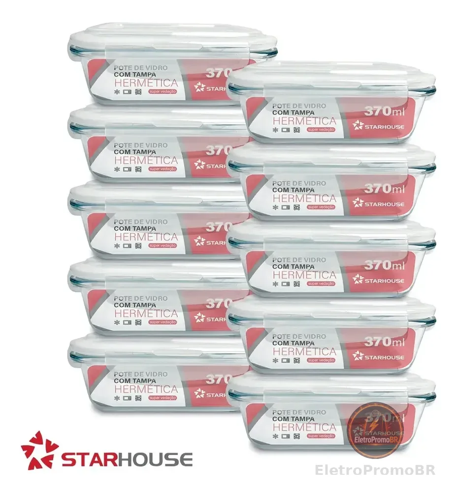 Kit 10 Potes Vidro 370ml Hermético Marmita Forno Refratário Star House