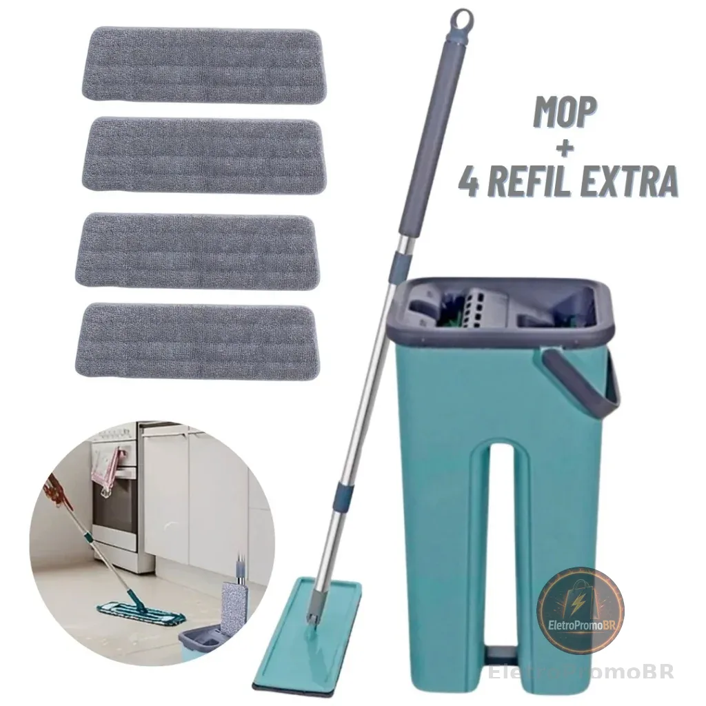 Mop Flat Esfregão Com Balde Rodo Mágico Lava Seca Tira Pó + 4 Refil