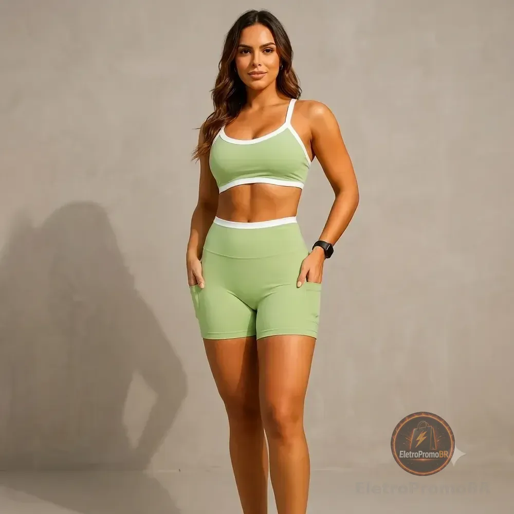 Conjunto Fitness Feminino Top Duplo Shorts Bolso Cós Alto Uv Verde Serenity Liso P