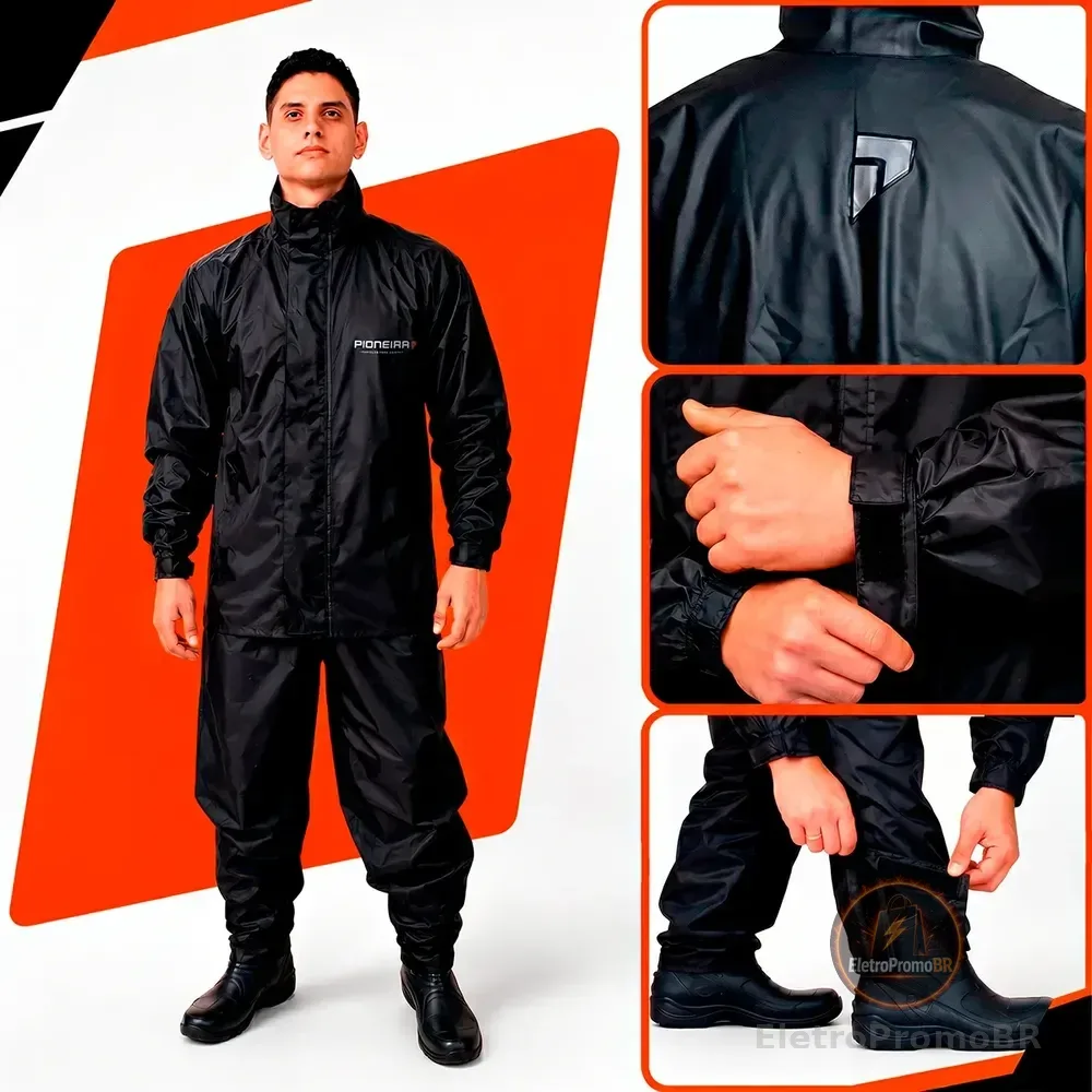 Capa De Chuva Pvc Motoqueiro Impermeável Reforçada Pioneira Preto-laranja Gg