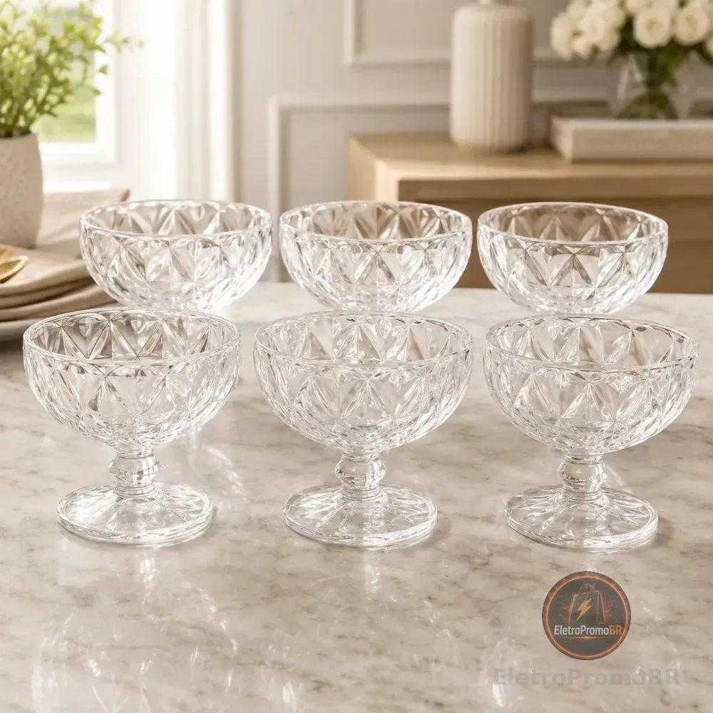 Jogo 6 Tigelas Sobremesa Diamond 270ml Elegância Luxo Brilho Transparente