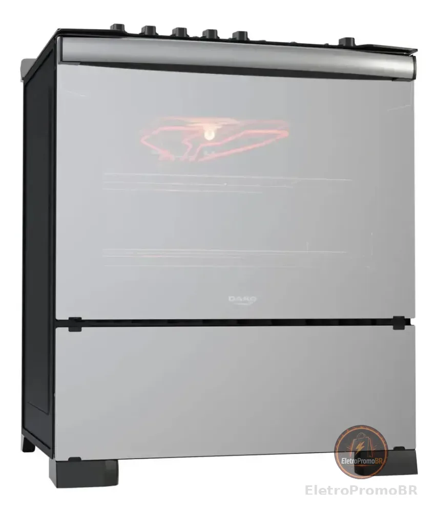 Fogão 5 Bocas Dako Diplomata Glass Style com Frente Espelhada Mesa de Vidro e Grill com Timer e Tripla Chama Bivolt