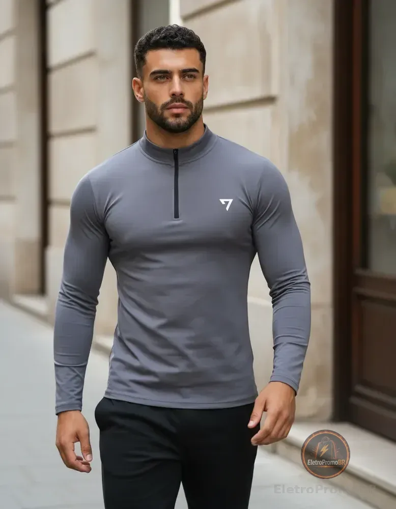 Camisa Térmica Masculina Segunda Pele Manga Longa Com Zíper Cinza M