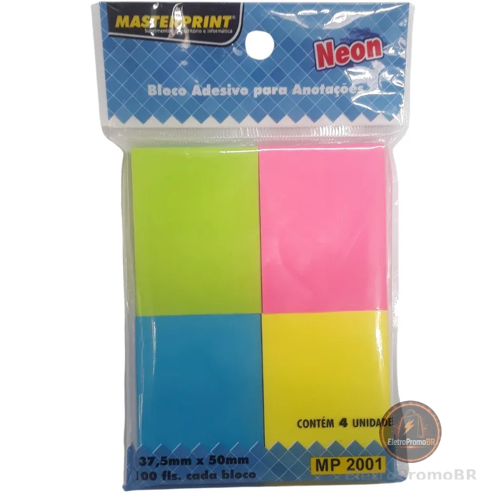 Bloco Adesivo para Anotações 4 cores Neon 400 Folhas Masterprint