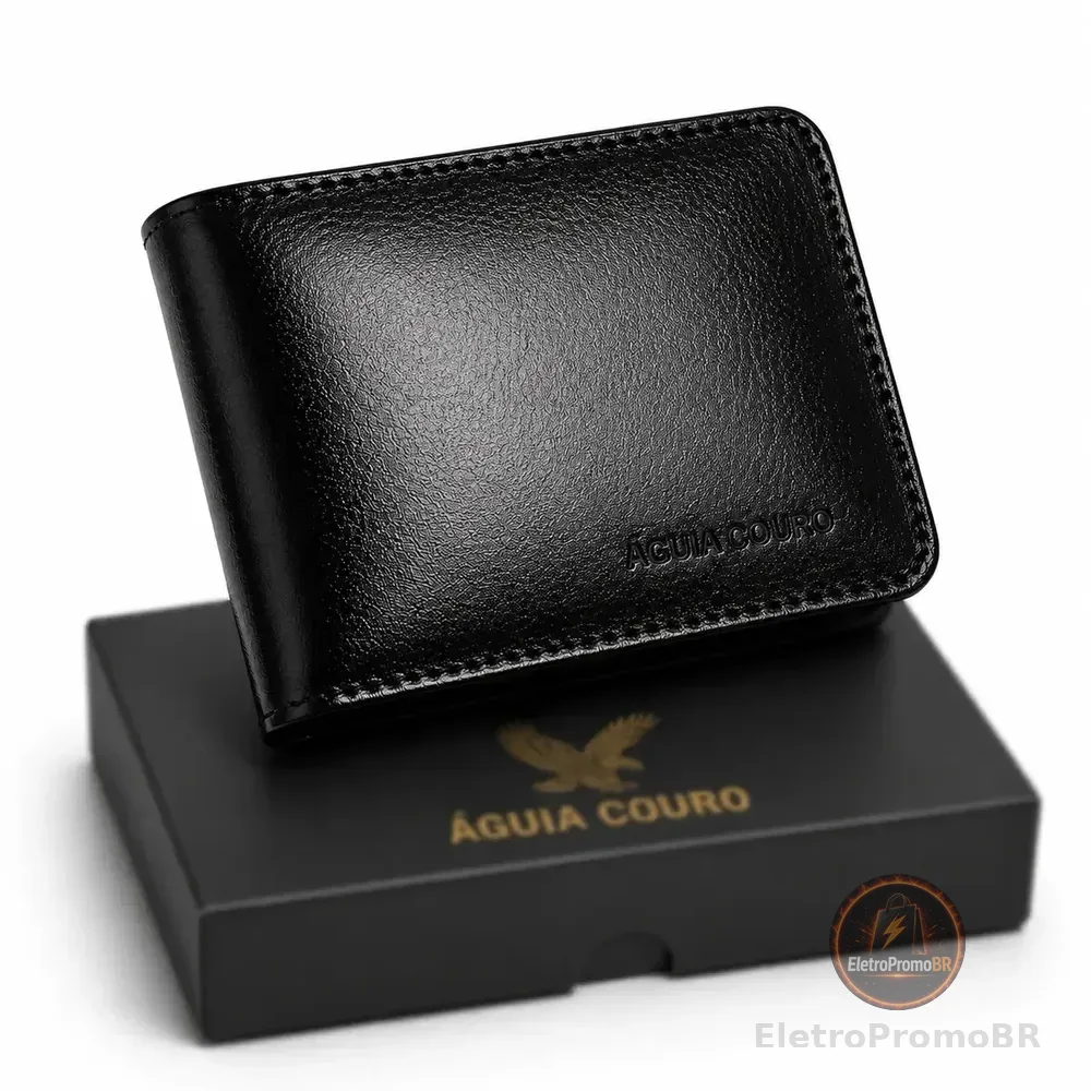Carteira Masculina de Couro Legítimo Águia, Preta com Porta Moedas e 7 Cartões